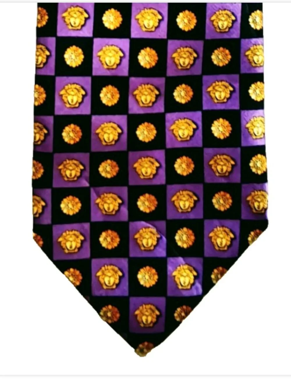 90s GIANNI VERSACE Barocco Acanthus/Medusa Logo Checkerboard Men's Silk Tie